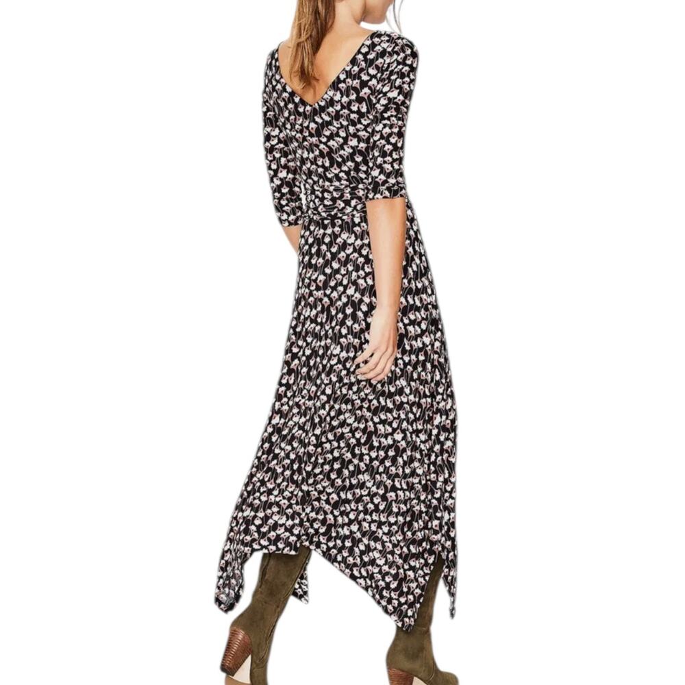 Boden Maisie Matte Jersey Midi Dress Black Floral Handkerchief Hem Ruched Size 8 - Picture 2 of 12